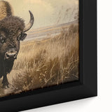 Close-up of a framed canvas wall art piece featuring a detailed design of a bison in a natural setting, showcasing earthy tones and intricate textures, perfect for wildlife enthusiasts.