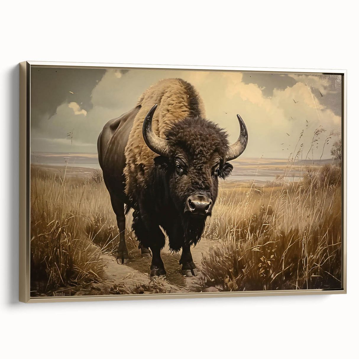 Framed wall art featuring a side view of a majestic buffalo in a gold design, showcasing intricate details and vibrant colors, perfect for wildlife decor enthusiasts.