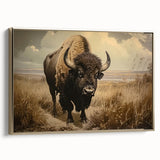 Framed wall art featuring a side view of a majestic buffalo in a gold design, showcasing intricate details and vibrant colors, perfect for wildlife decor enthusiasts.