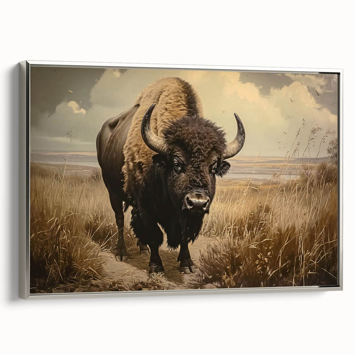 Framed canvas wall art featuring a side view of a majestic buffalo, showcasing intricate design details in silver tones, perfect for wildlife enthusiasts and home decor.