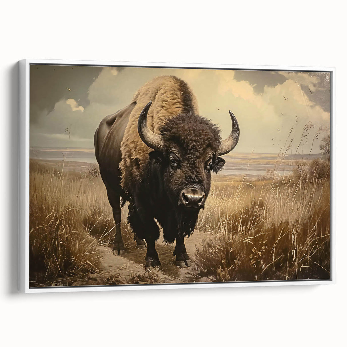 Framed wall art showcasing a side view of a majestic buffalo, capturing its powerful presence and natural beauty, ideal for wildlife enthusiasts and home decor.