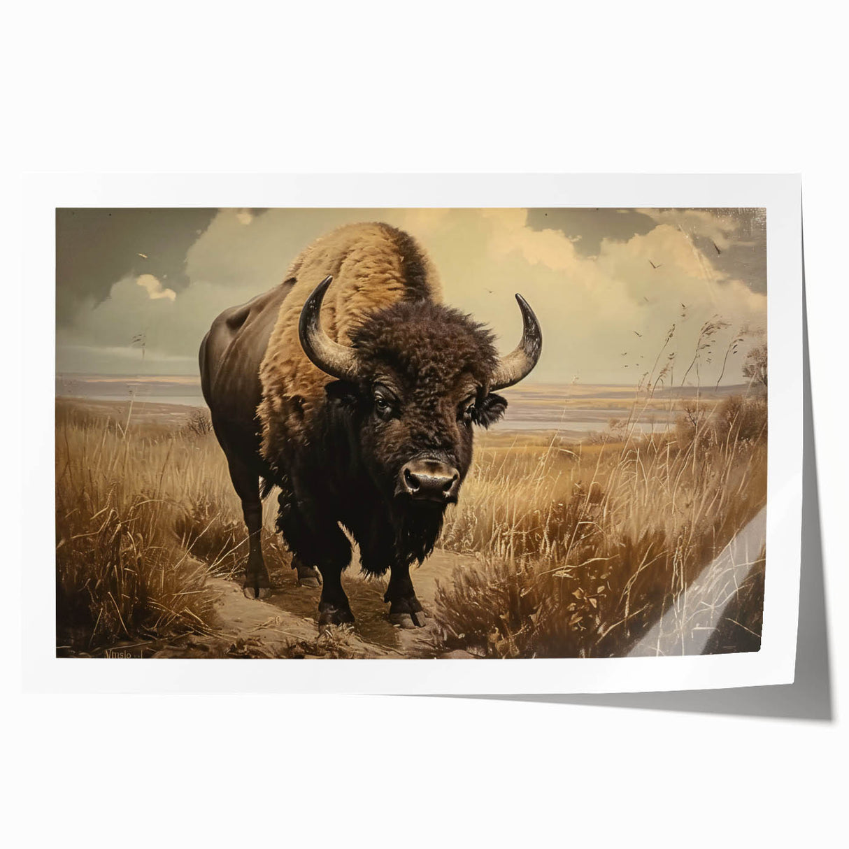 Buffalo wall art print showcasing a detailed bison design with vibrant colors, ideal for wildlife enthusiasts and home decor, rolled and ready for framing.