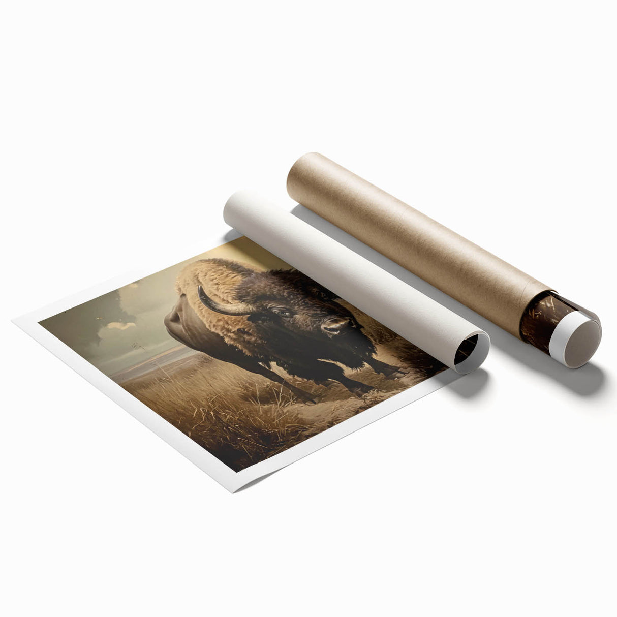 Buffalo wall art print showcasing a detailed illustration of a bison against a natural landscape, designed for wildlife enthusiasts, perfect for home decor.