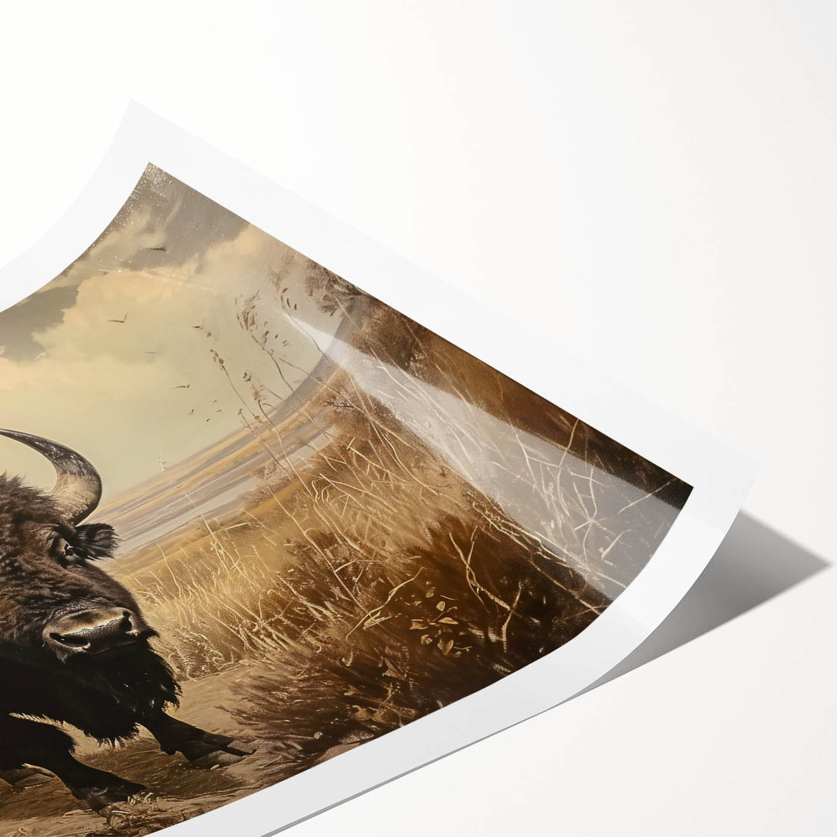 Buffalo wall art print showcasing a majestic bison design, featuring earthy tones and vibrant details, rolled and ready for display in home decor.
