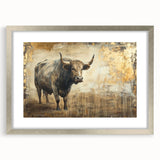 Framed wall art showcasing a silver-bordered buffalo design, ideal for wildlife enthusiasts. This piece features intricate detailing and a matted finish, enhancing any decor.