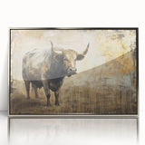 Framed acrylic wall art featuring a striking silver front view of a buffalo, highlighting intricate details and textures, perfect for wildlife decor enthusiasts.
