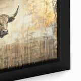 Close-up of a framed canvas artwork showcasing a majestic buffalo in its natural habitat, highlighting intricate details and vibrant colors, perfect for wildlife art enthusiasts.