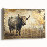 Framed canvas wall art showcasing a majestic buffalo in a gold-toned design, highlighting its detailed texture and side profile, perfect for wildlife enthusiasts.