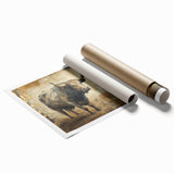 Buffalo wall art print showcasing a detailed bison design, featuring rich colors and textures, rolled and ready for display, ideal for wildlife enthusiasts.