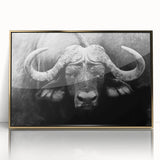 Framed wall art featuring a striking golden-accented buffalo design, showcasing intricate details and vibrant colors, perfect for wildlife enthusiasts and modern decor.