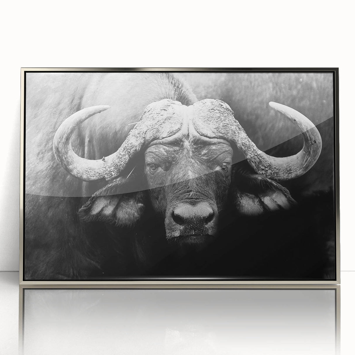 Framed wall art showcasing a striking silver-accented buffalo design, perfect for wildlife enthusiasts, adding sophistication to any decor.