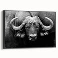 Framed canvas wall art featuring a striking side view of a buffalo, showcasing intricate details and textures in black and white. Ideal for wildlife enthusiasts and home decor.