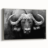Framed wall art depicting a side view of a majestic buffalo, showcasing intricate details and textures, perfect for wildlife enthusiasts and home decor.