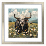 Close-up of a framed wall art featuring a silver mat and a striking design of a bison, showcasing intricate details and textures, perfect for wildlife enthusiasts.