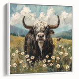 Framed canvas wall art showcasing a majestic buffalo design in a white frame, highlighting detailed textures and natural tones, perfect for wildlife enthusiasts and home decor.