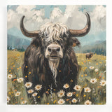 Stretched canvas wall art featuring a vibrant front view of a majestic buffalo in a natural setting, showcasing intricate details and rich colors, ideal for wildlife enthusiasts.