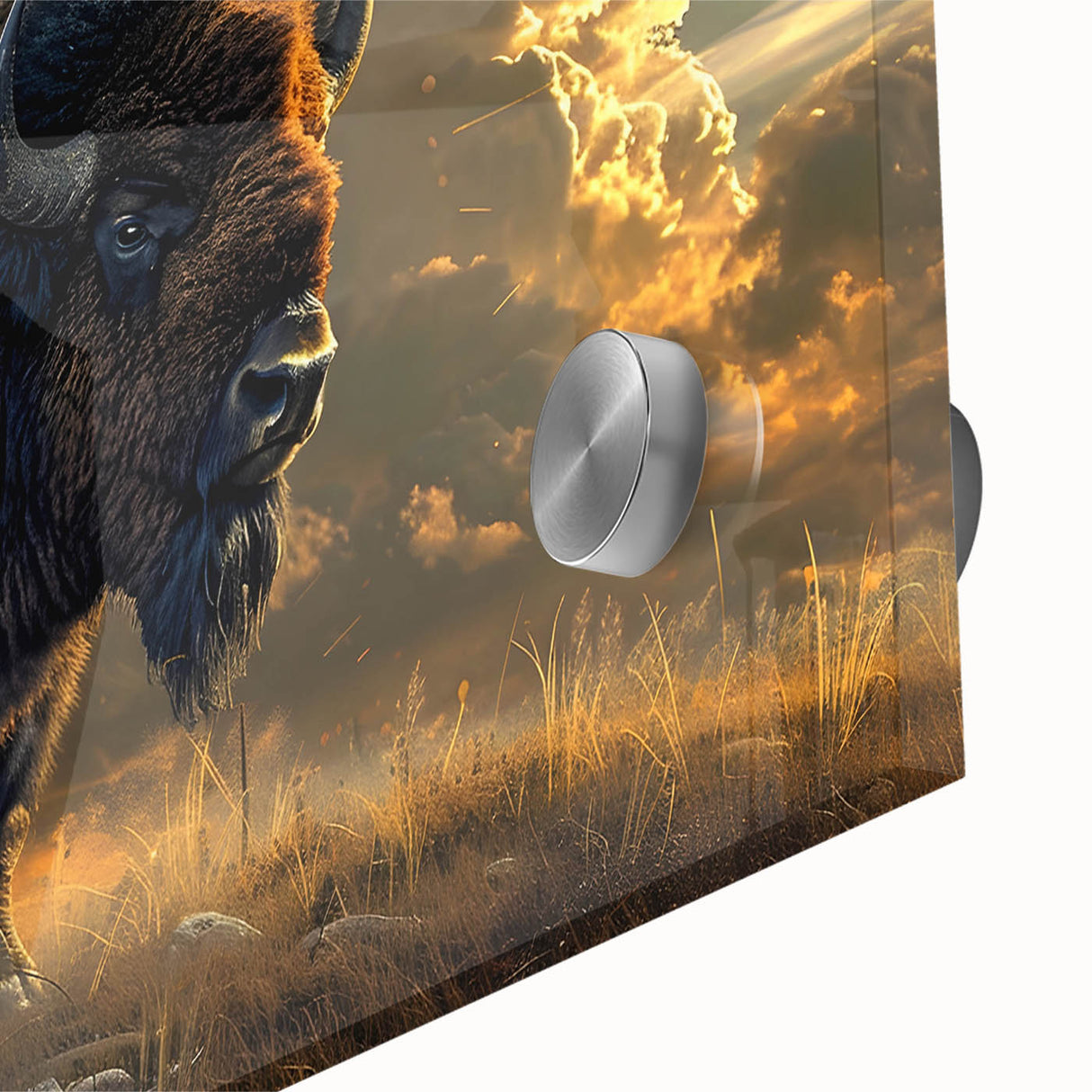 Close-up of a striking buffalo wall art piece, showcasing intricate bison design details, vibrant colors, and smooth acrylic finish, perfect for wildlife enthusiasts.