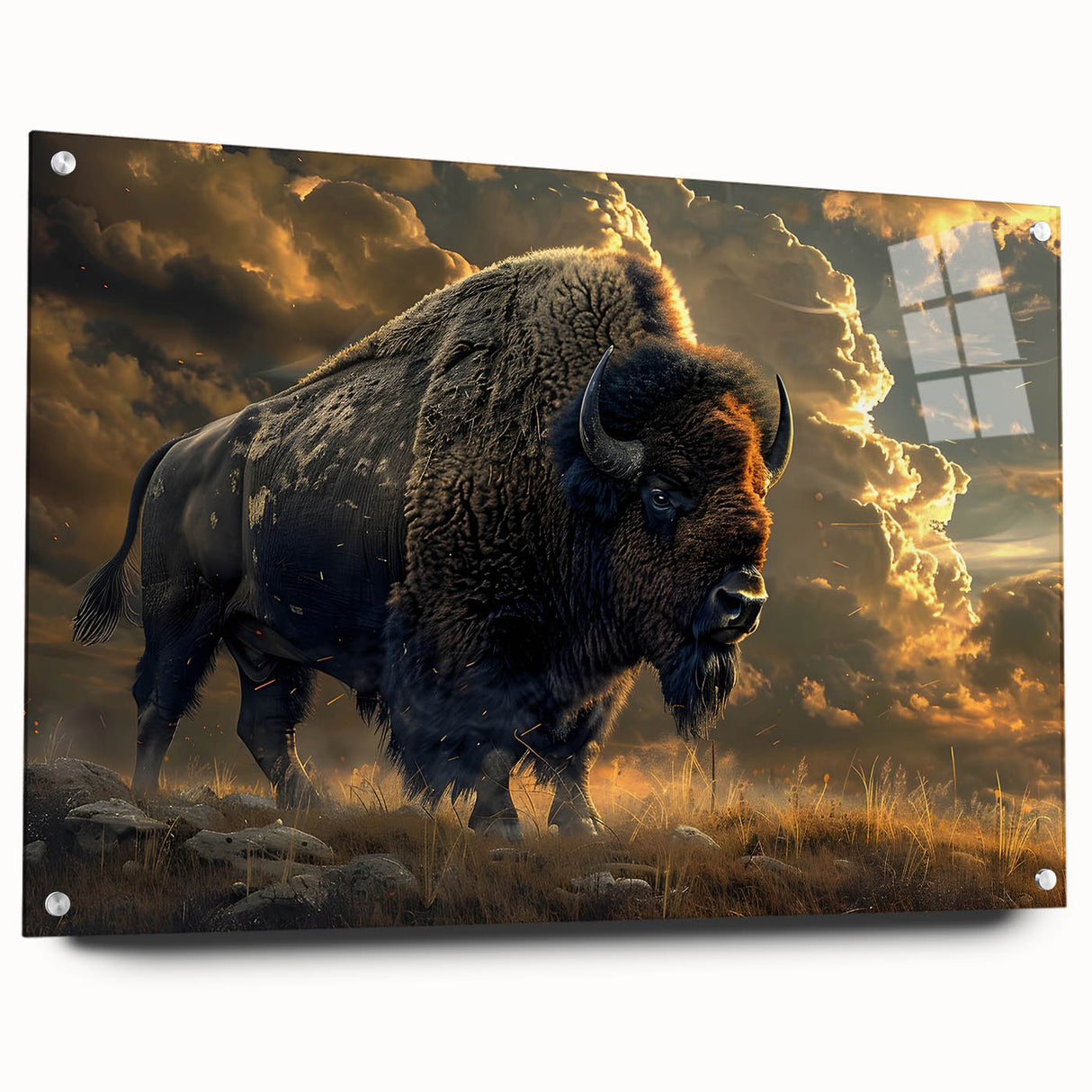 Acrylic glass wall art showcasing a majestic buffalo design, featuring vibrant colors and intricate details, ideal for wildlife enthusiasts and home decor.