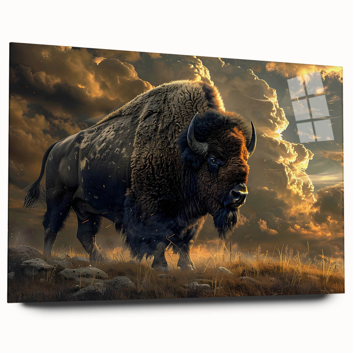 Side view of a modern buffalo wall art design featuring vibrant colors, suitable for home decor. The artwork is displayed in an acrylic glass frame, enhancing its visual appeal.