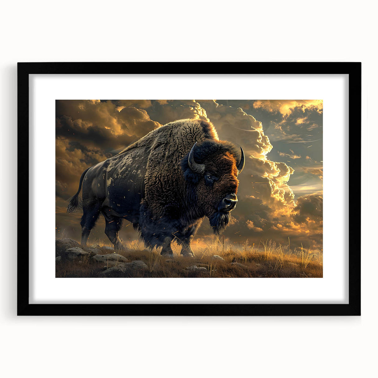 Framed wall art featuring a striking black buffalo design from the A Bisson collection, showcasing intricate detailing and vibrant colors, perfect for home decor.