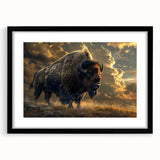 Framed wall art featuring a striking black buffalo design from the A Bisson collection, showcasing intricate detailing and vibrant colors, perfect for home decor.