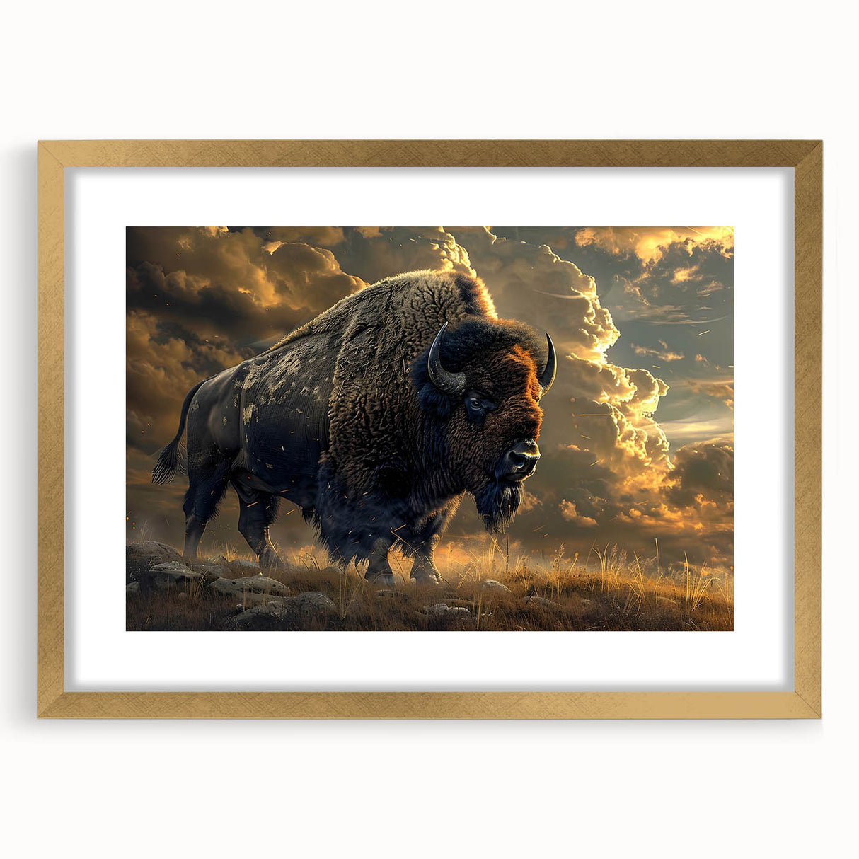 Buffalo wall art featuring a striking bison design in a gold frame with matting, ideal for wildlife enthusiasts seeking unique home decor. Perfect for enhancing living spaces with a touch of nature.