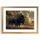 Buffalo wall art featuring a striking bison design in a gold frame with matting, ideal for wildlife enthusiasts seeking unique home decor. Perfect for enhancing living spaces with a touch of nature.