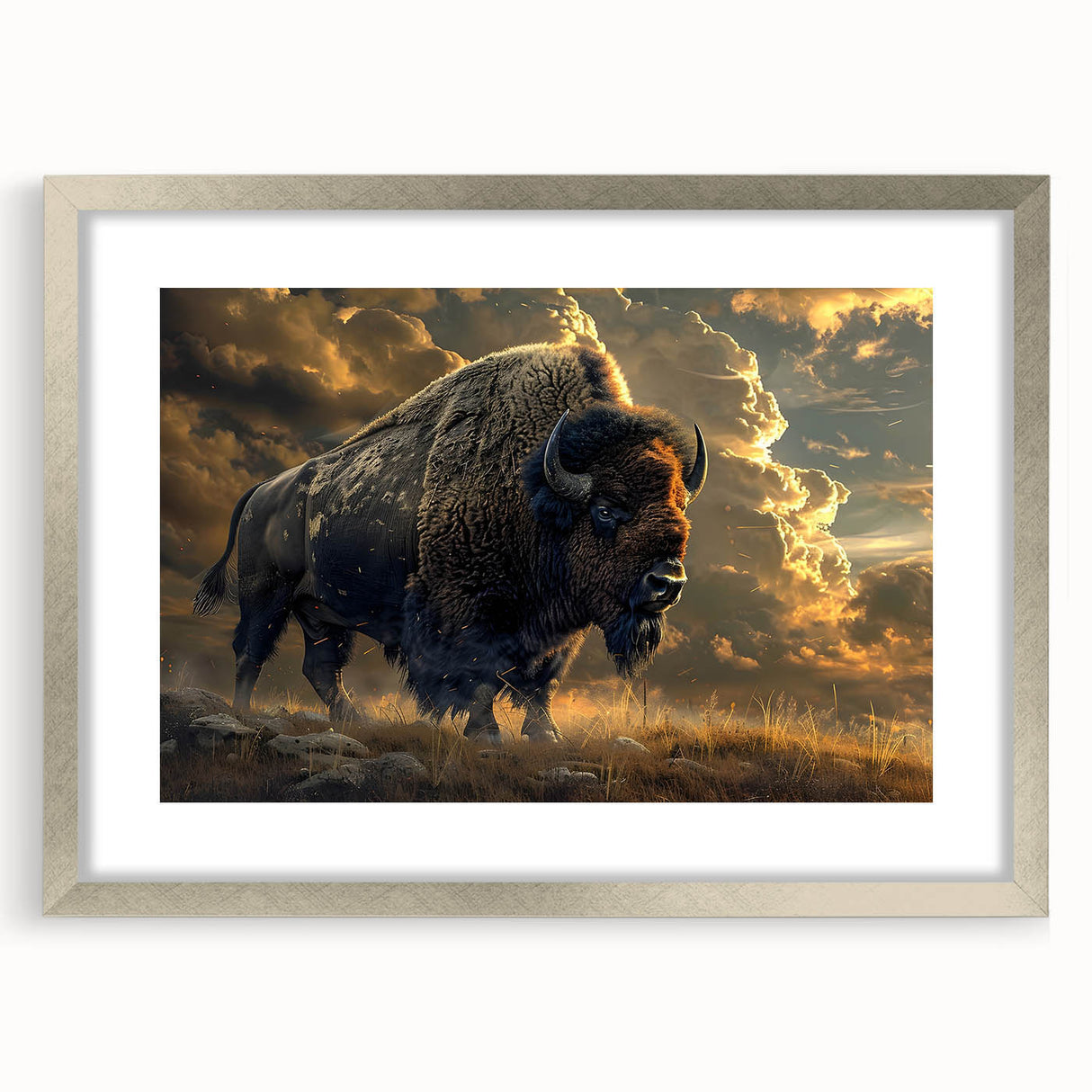 Framed wall art featuring a striking bison design with a silver mat and frame, showcasing natural wildlife themes perfect for home decor.