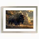 Framed wall art featuring a striking bison design with a silver mat and frame, showcasing natural wildlife themes perfect for home decor.