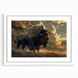 Framed wall art print showcasing a majestic buffalo, designed with intricate details, set in a white mat and frame, ideal for wildlife enthusiasts and home decor.