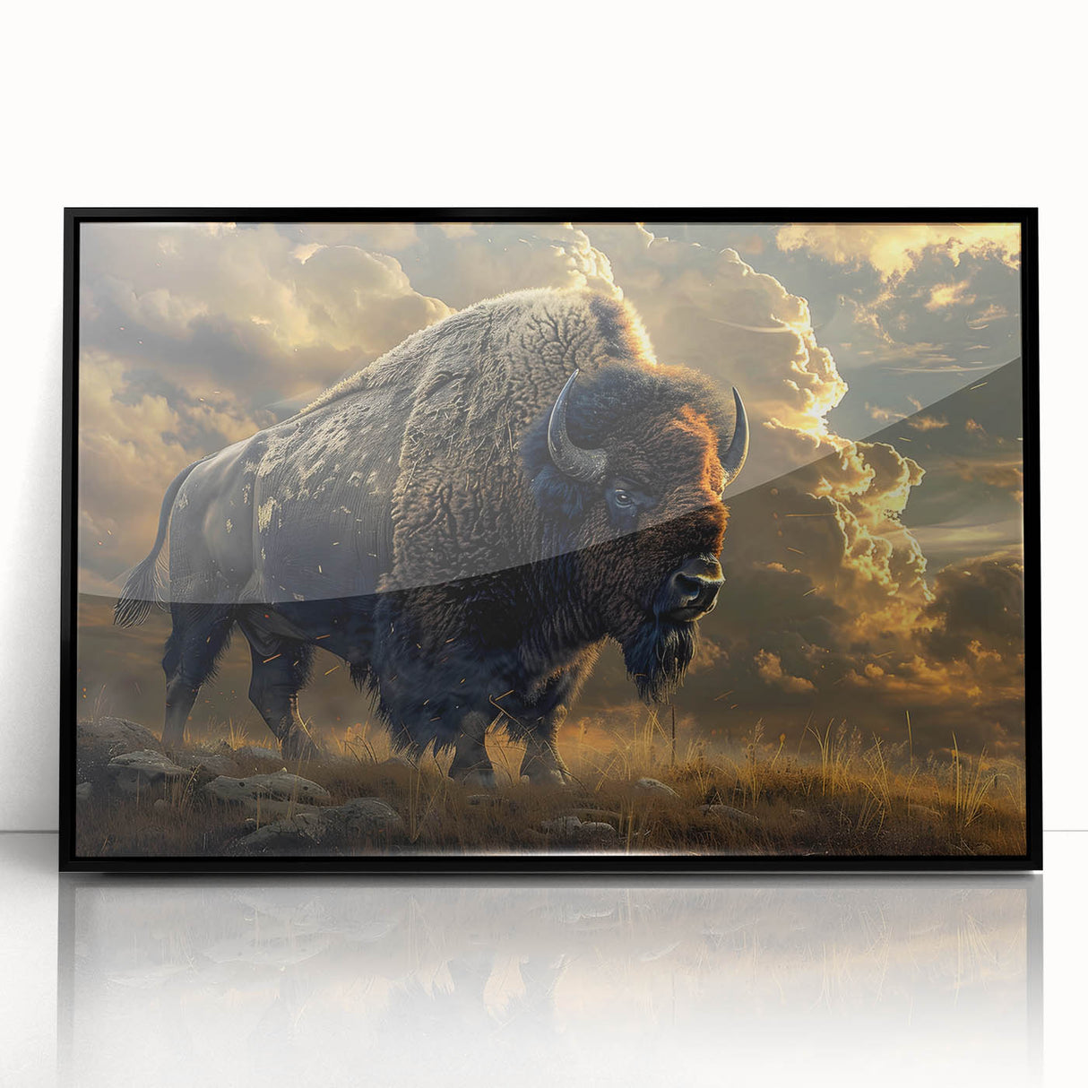 Framed acrylic wall art featuring a striking black and white design of a bison, showcasing intricate details and textures, perfect for wildlife enthusiasts and modern decor.