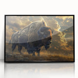 Framed acrylic wall art featuring a striking black and white design of a bison, showcasing intricate details and textures, perfect for wildlife enthusiasts and modern decor.