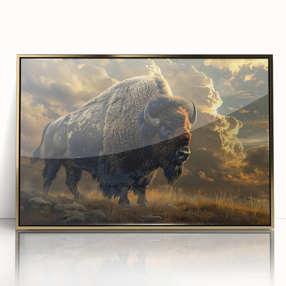 Framed wall art featuring a majestic buffalo design, showcasing intricate details and a gold-acrylic finish, perfect for wildlife enthusiasts and home decor.