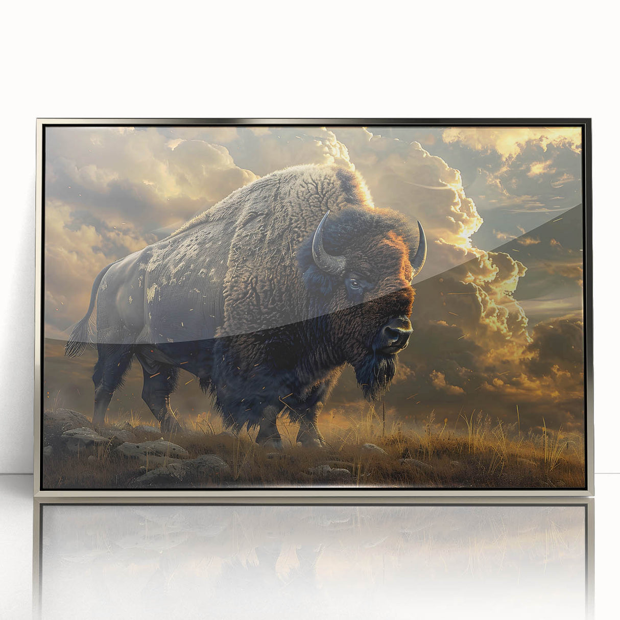Framed wall art featuring a stunning silver-accented buffalo design, showcasing intricate details and vibrant colors, perfect for wildlife enthusiasts and home decor.