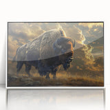 Framed acrylic wall art of a buffalo design, showcasing intricate details and vibrant colors, ideal for home decor or wildlife enthusiasts, against a white background.