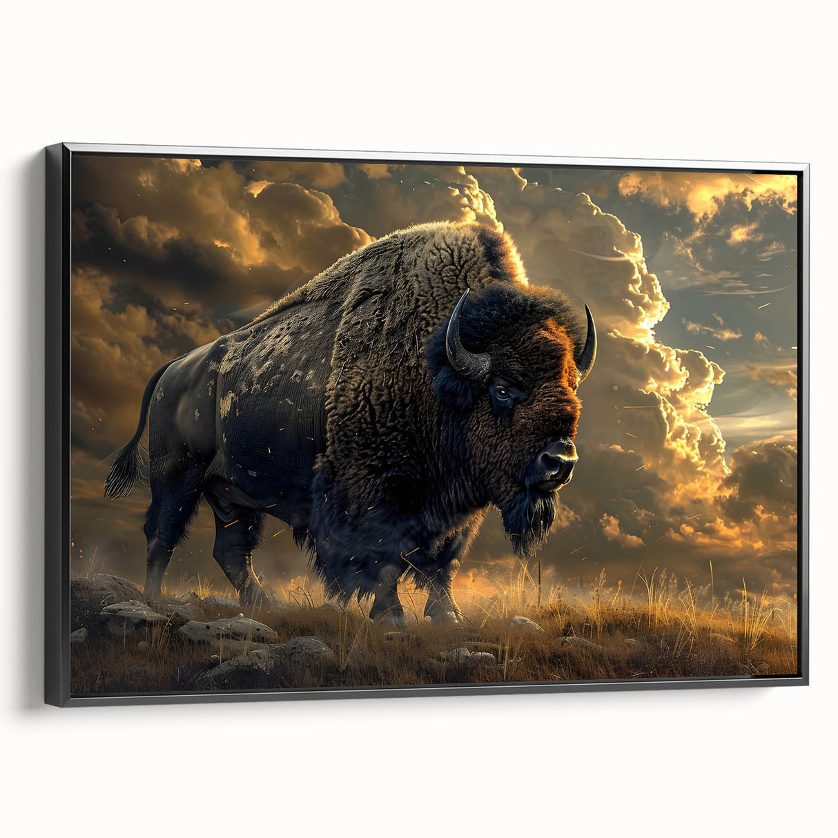 Framed canvas wall art showcasing a black buffalo silhouette in profile, designed for wildlife enthusiasts. Perfect for adding a modern touch to home decor.