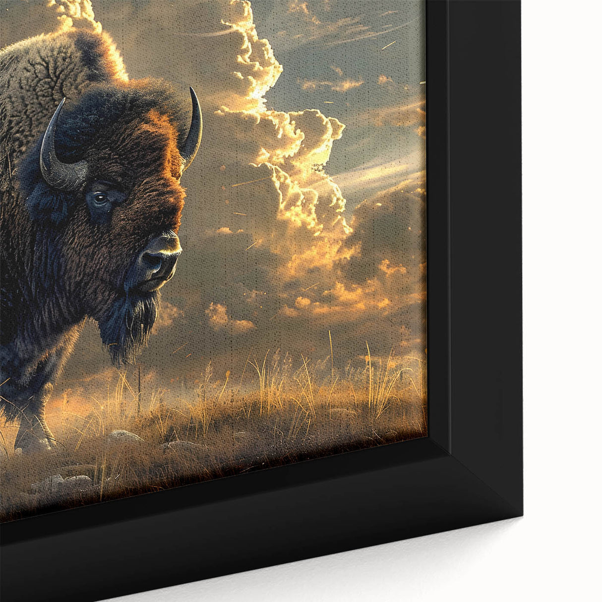 Close-up of a framed canvas art piece showcasing a detailed depiction of a buffalo in a natural setting, highlighting its textured fur and vibrant colors, perfect for wildlife enthusiasts.