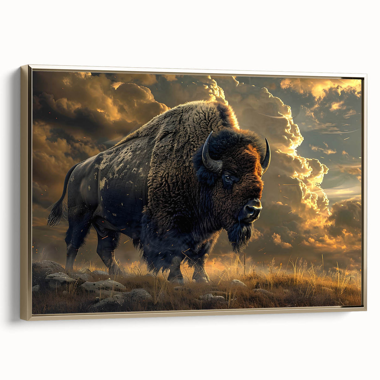 Framed canvas wall art showcasing a majestic bison in a golden hue, highlighting its intricate details and natural textures, perfect for wildlife enthusiasts' decor.