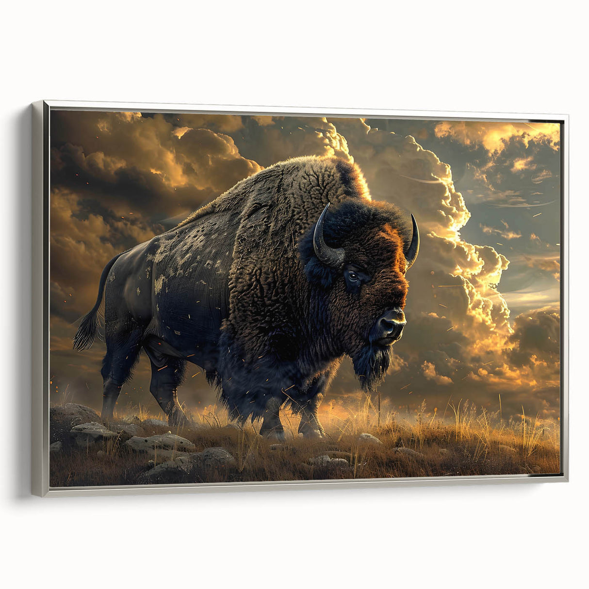 Framed canvas wall art showcasing a striking silver side view of a wild buffalo, perfect for wildlife enthusiasts and modern home decor. Ideal for adding a touch of nature to any space.