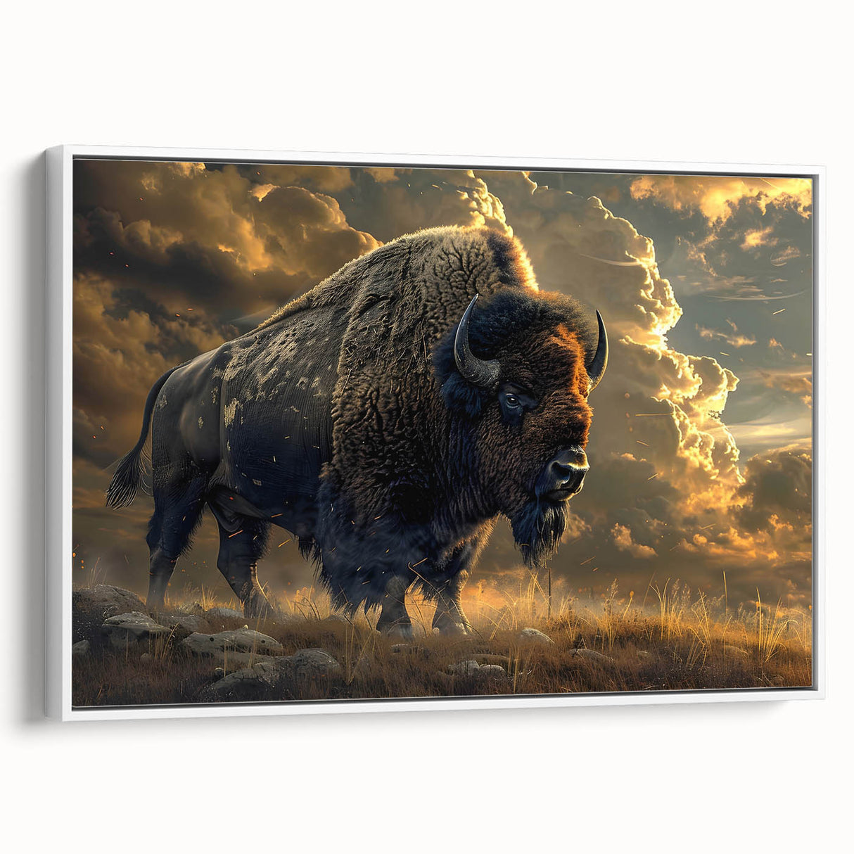 Framed canvas wall art depicting a side view of a majestic buffalo, showcasing rich textures and natural colors, perfect for wildlife enthusiasts and home decor.