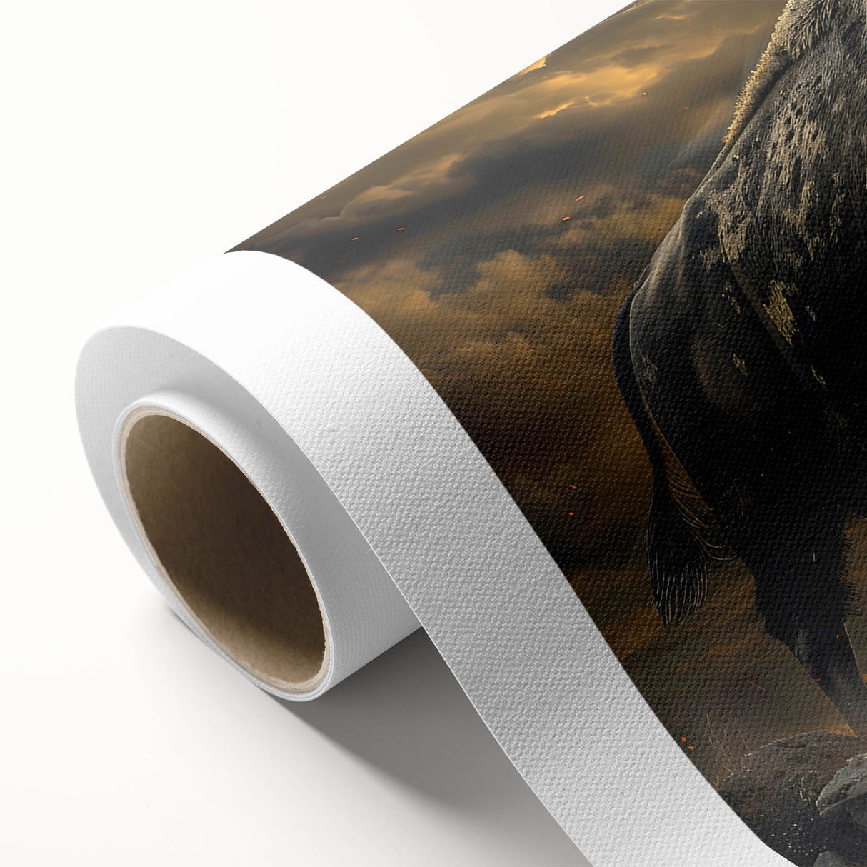 Rolled canvas artwork showcasing a striking buffalo design in earthy tones, perfect for wildlife enthusiasts and home decor. Ideal for adding a touch of nature to any space.