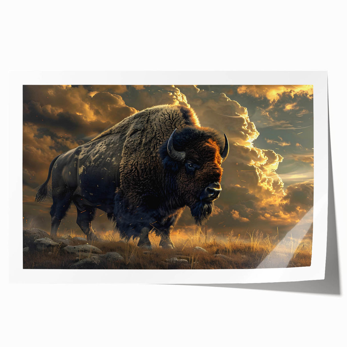 Buffalo wall art print showcasing a detailed bison design against a textured background, ideal for wildlife enthusiasts and modern decor, rolled for easy display.