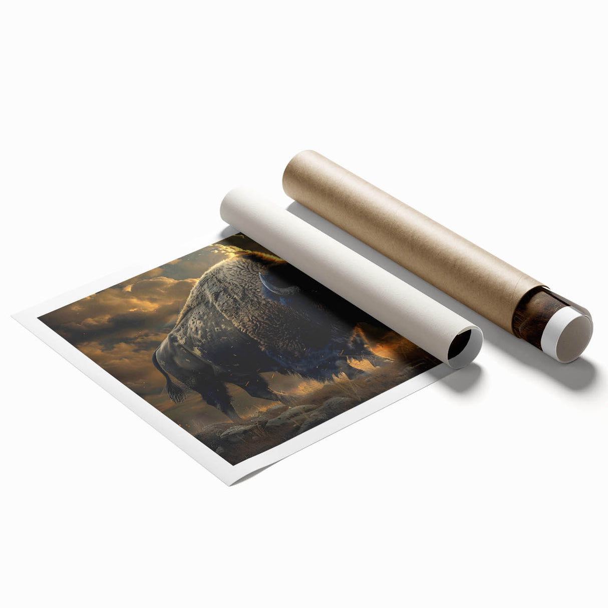 Buffalo wall art print showcasing a vibrant bison design, rolled for easy transport, perfect for wildlife enthusiasts and home decor. Ideal for rustic or nature-themed interiors.