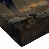 Close-up of a stunning stretched canvas wall art featuring a majestic buffalo, showcasing intricate details and rich colors, ideal for wildlife enthusiasts and home decor.