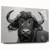 Side view of a buffalo wall art piece from the "A Wild Life" collection, featuring an acrylic glass finish and decorative pins, ideal for nature-themed decor.