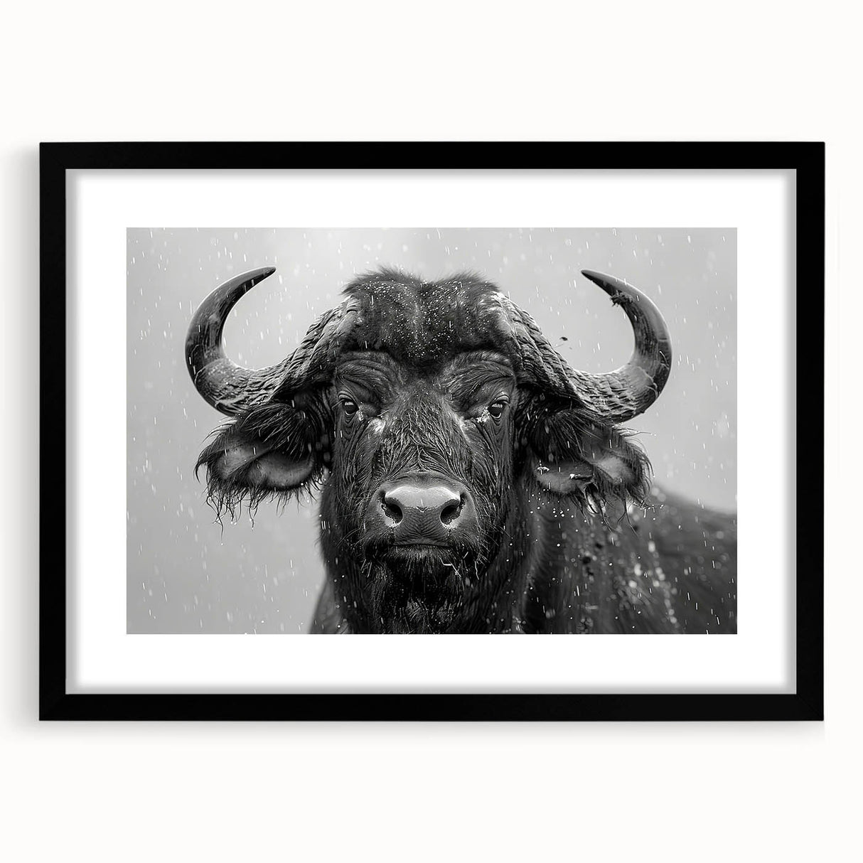Framed wall art featuring a striking black and white design of a buffalo, showcasing intricate details and textures, perfect for wildlife enthusiasts.