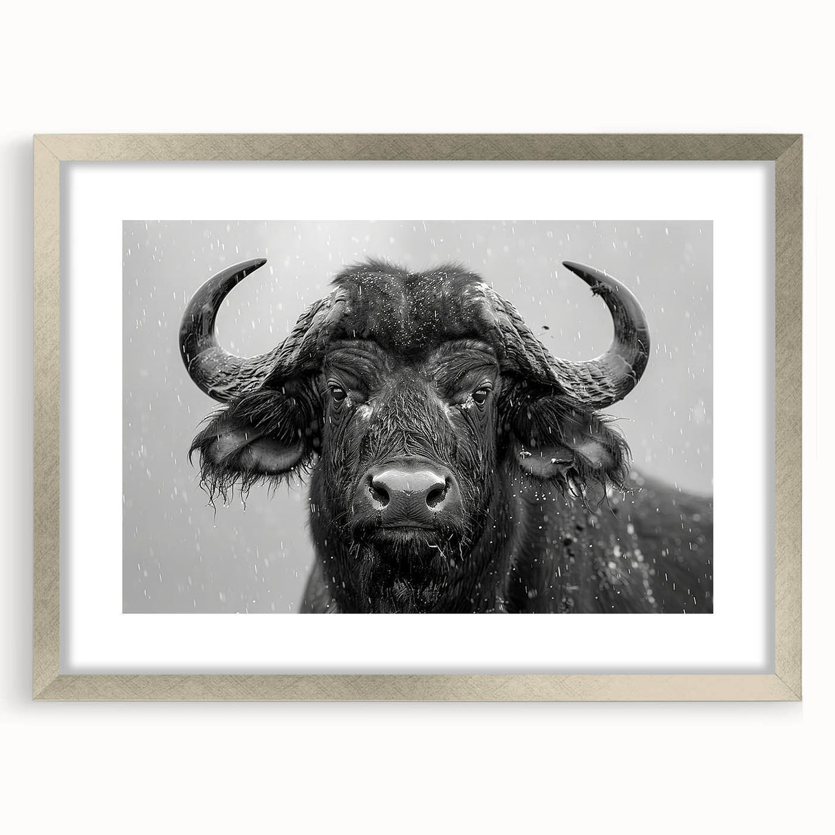 Framed wall art featuring a striking illustration of a buffalo, designed by Bisson, with a silver mat and frame, ideal for wildlife enthusiasts and home decor.