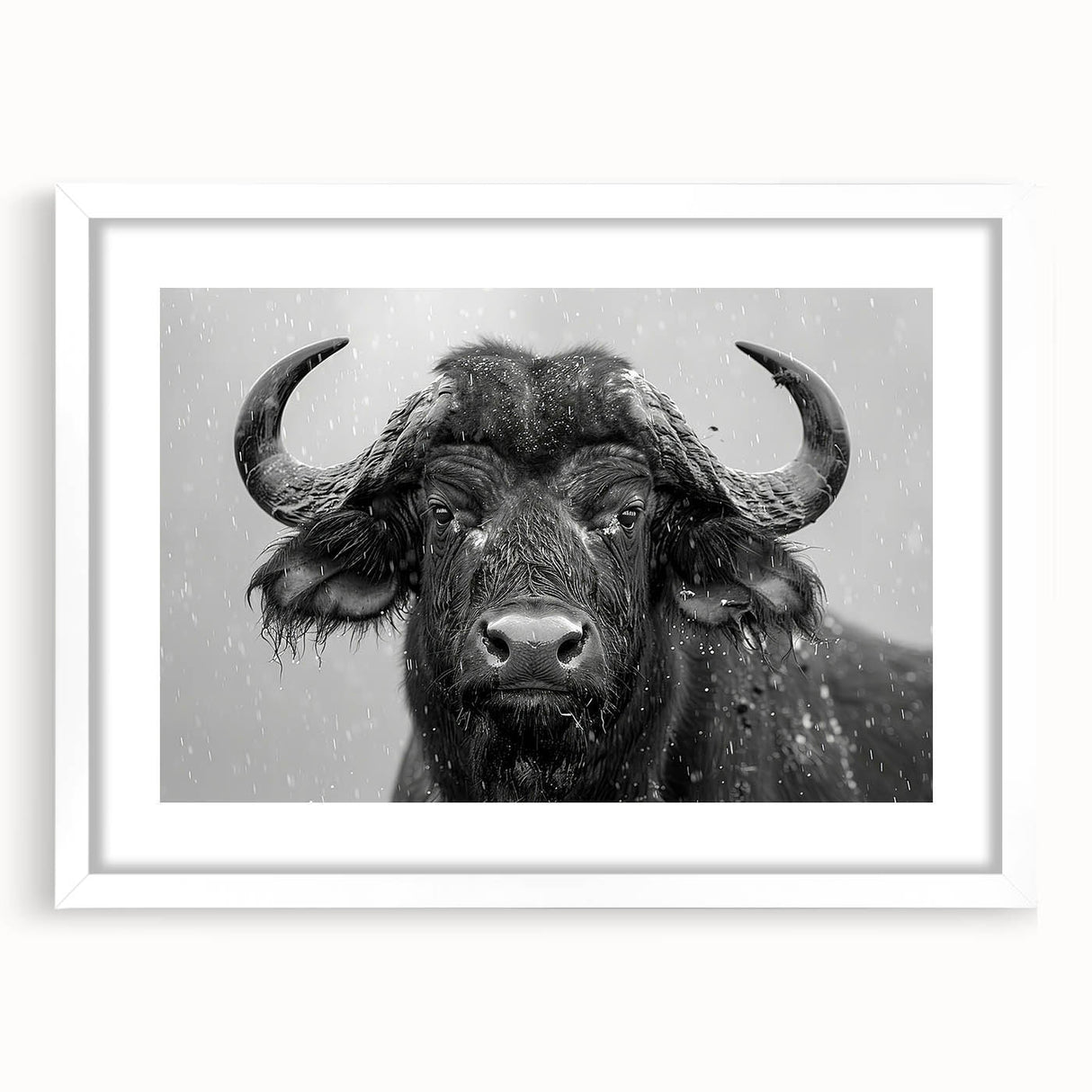 Framed wall art featuring a majestic buffalo design from the 'A Bison' collection, presented in a sleek white frame with a mat, perfect for wildlife enthusiasts.