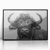 Framed acrylic wall art featuring a striking buffalo design from the 'A Wild Life' collection, showcased in a sleek black frame, perfect for enhancing home decor. The artwork captures the majestic presence of the buffalo, ideal for nature enthusiasts and art lovers alike.