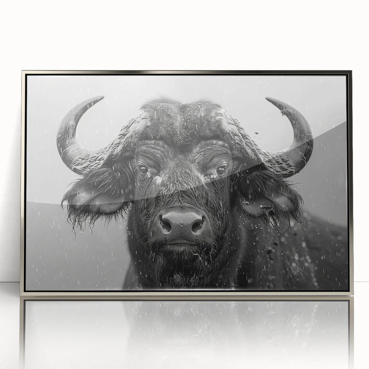 Framed wall art featuring a striking silver-acrylic design of a buffalo, showcasing intricate details and textures, perfect for wildlife enthusiasts and home decor.